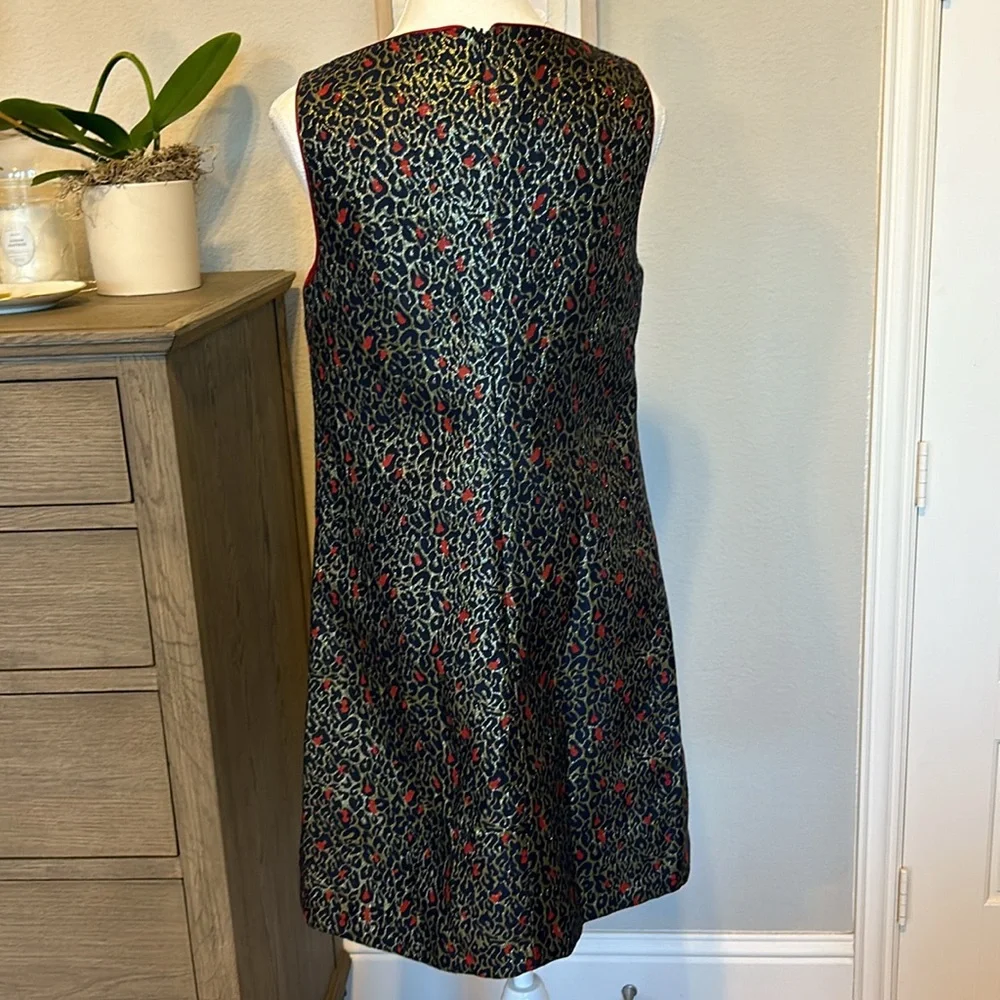 Betsey Johnson | Navy Red Gold Jacquard Leopard Print Shift Dress | 8 - Picture 9 of 16